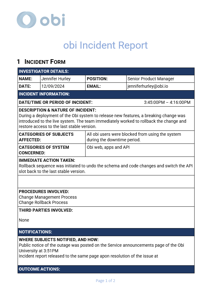 Obi Report Obi Service Interruption, 12th Sept 2024